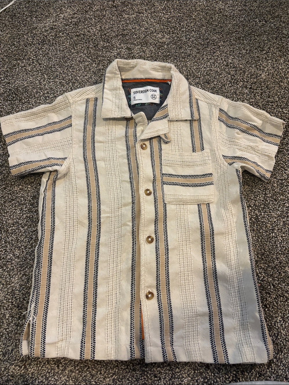 Sovereign Code Short Sleeve Beige and Navy Stripe Button-Up Shirt